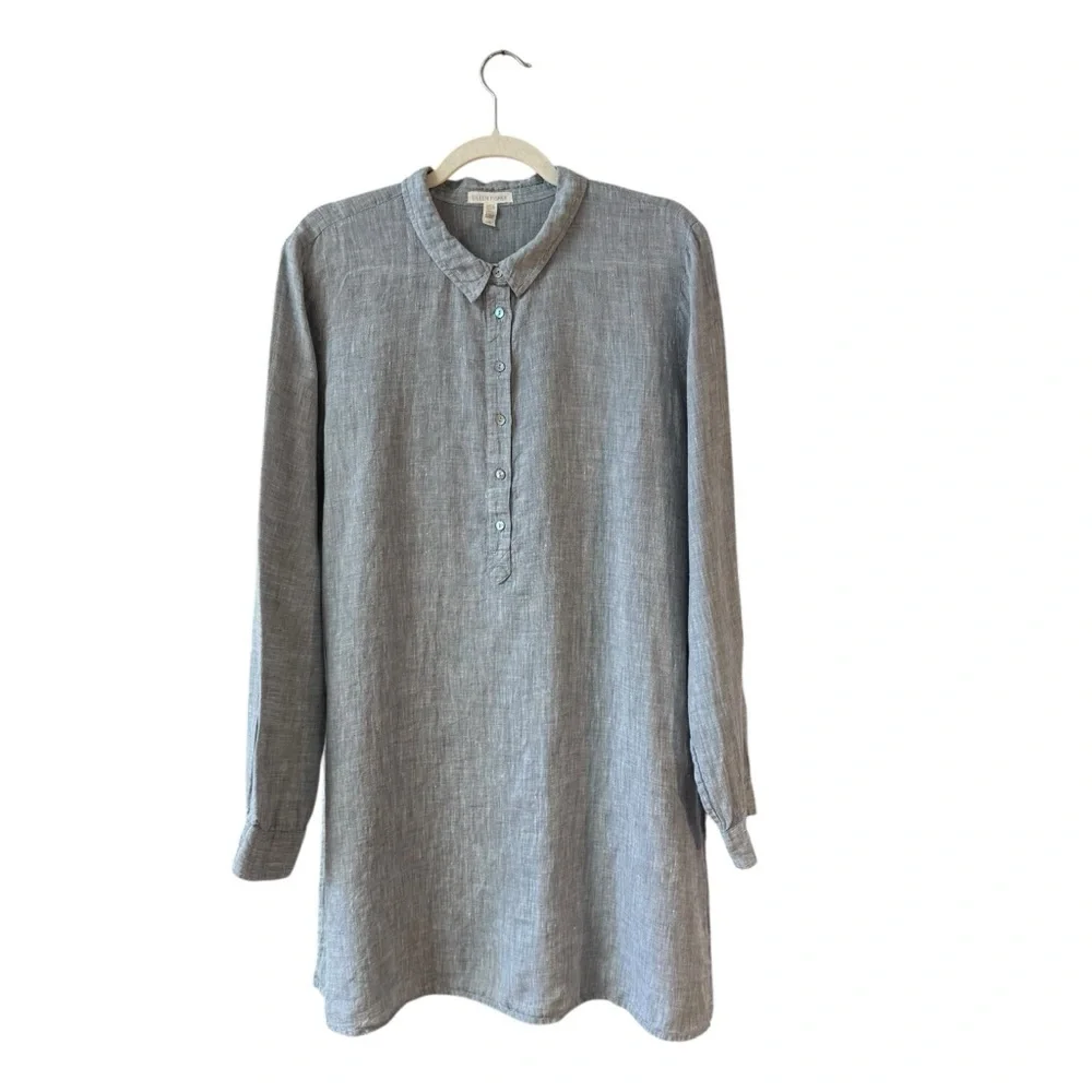Eileen Fisher Organic Linen Tunic Popover Shirt Dress Chambray Blue‎ Size LG - Picture 2 of 12